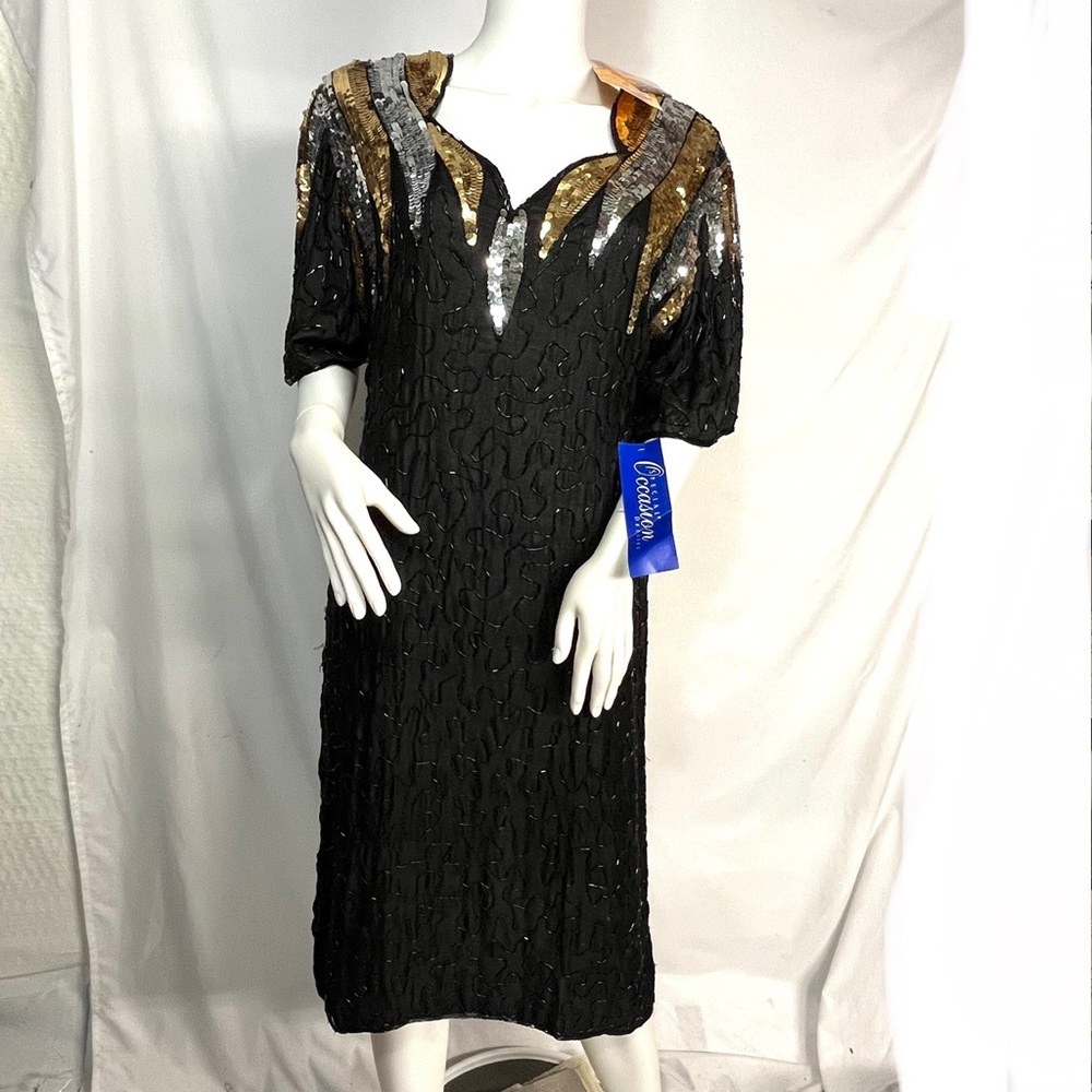 Vintage Silk Beaded Sequin Black Gold Silver Dead Stock Tags and Beads Attach 2X